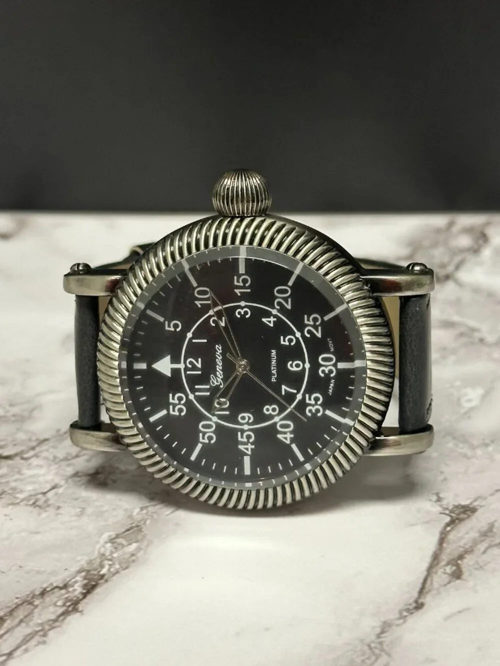 Geneva Watch Men Silver Tone Black Faux Leather Band 47MM Dial New Battery